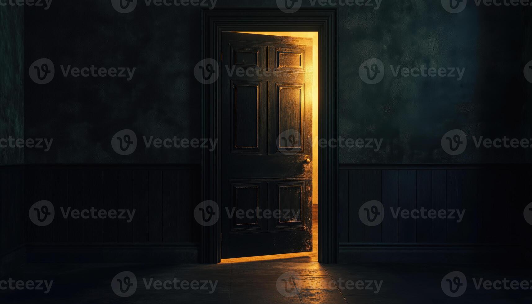 Golden Light Glow Effect As Door Opens In Empty Dark Room Rendered To Create A Striking Visual Impact photo