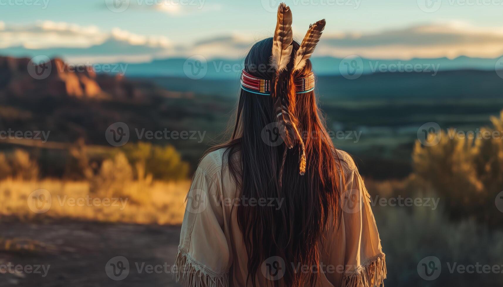Native American Woman Walking In The Mountains At Dusk, Featuring Feathered Hair. A Serene Back View Of Indigenous Woman photo