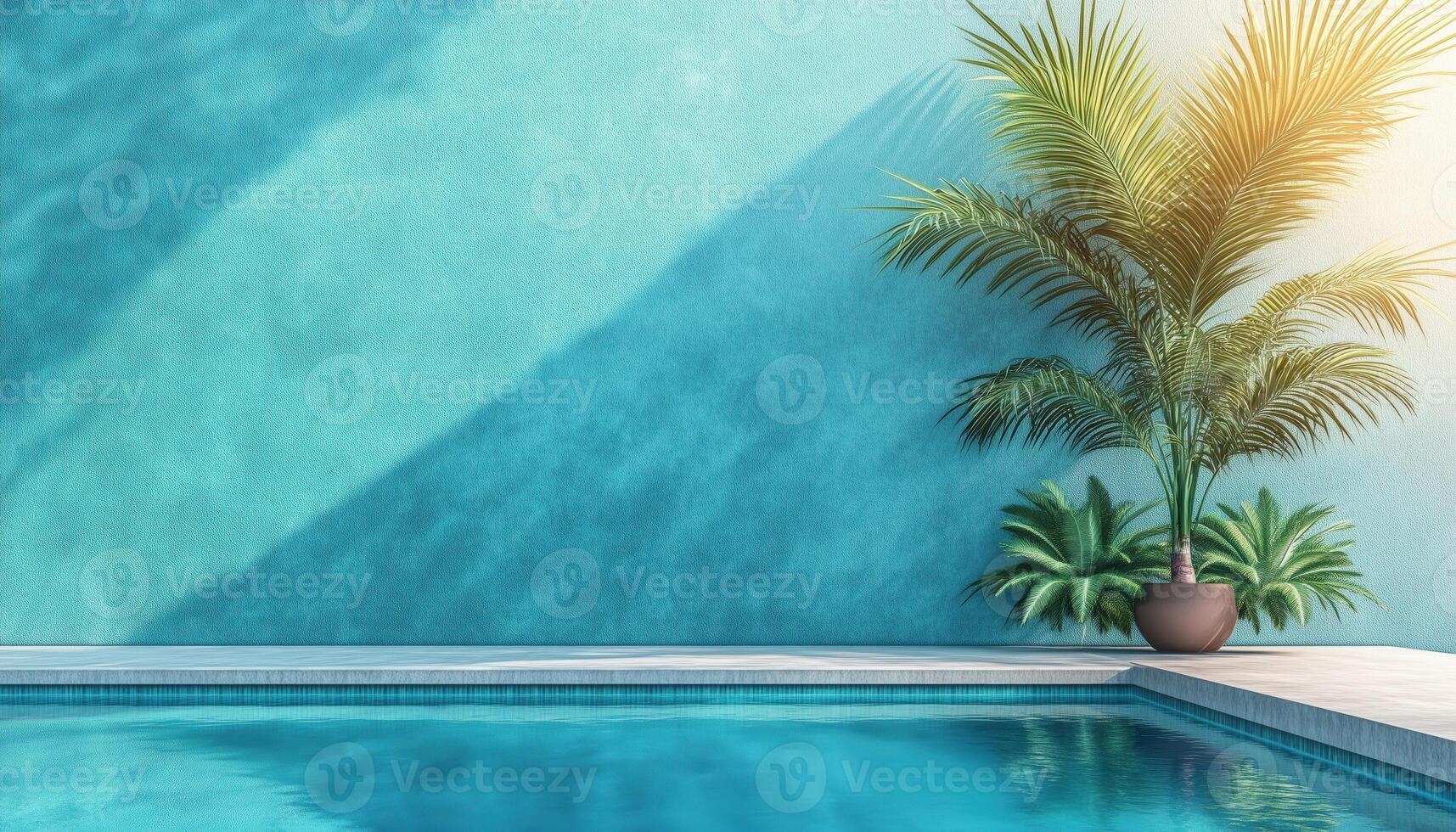 Luxurious Vacation Retreat With Tropical Garden, Swimming Pool, And Desert Inspired Architecture. Mediterranean Villa Featuring Empty Concrete Wall, Palm Tree, Poolside, And Patio Space photo
