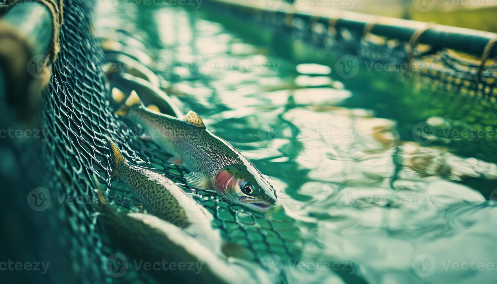 Aquaculture Pisciculture. Fish Farming For Producing Rainbow Trout And Salmon Fry In Net Cages. A Sustainable Approach To Breeding Fish photo