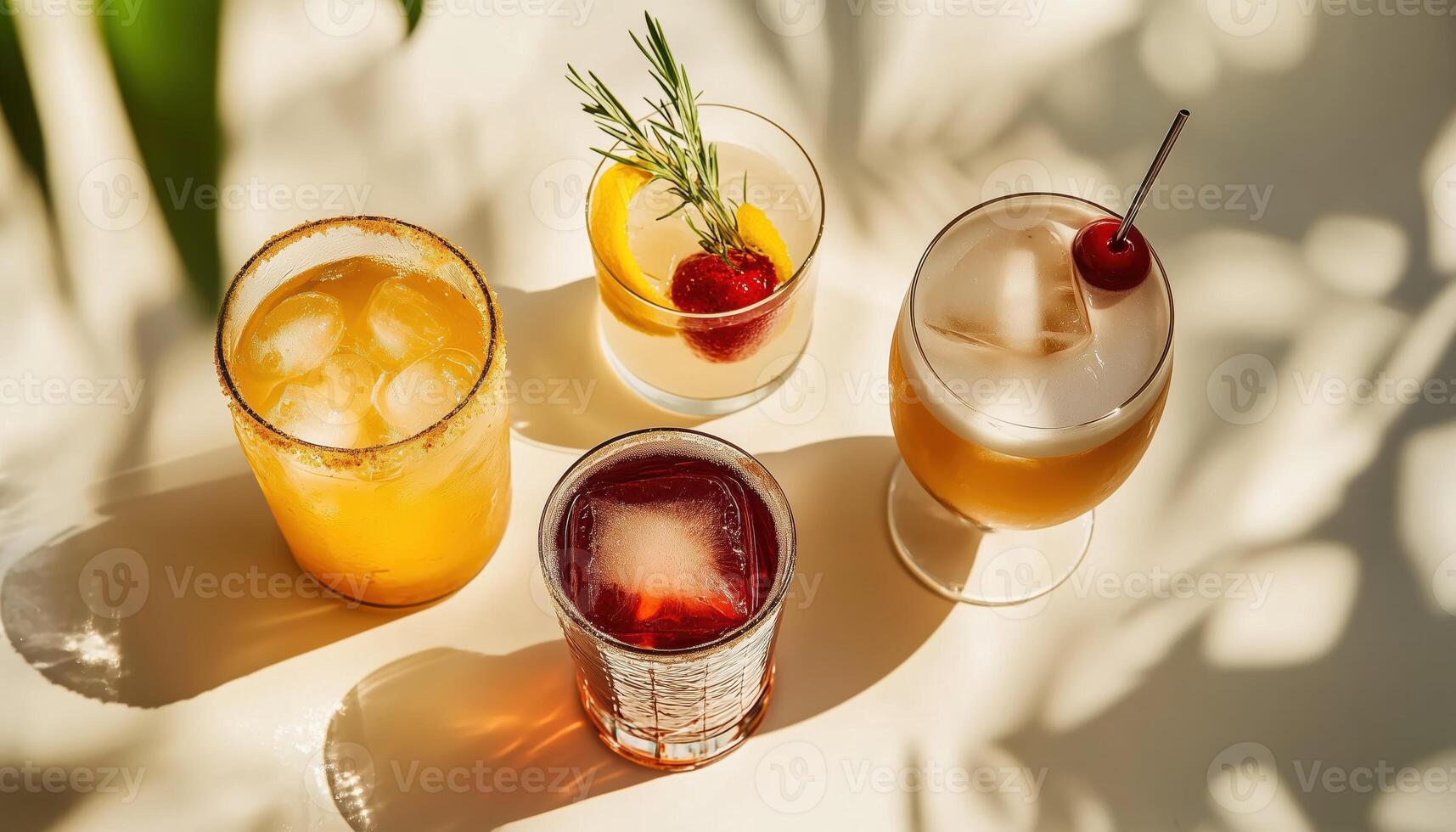 Various Delectable Cocktails Displayed On Table. Alcoholic Cocktail Featuring Fruits, Herbs, And Ice Arranged On A White Surface. View From Above photo