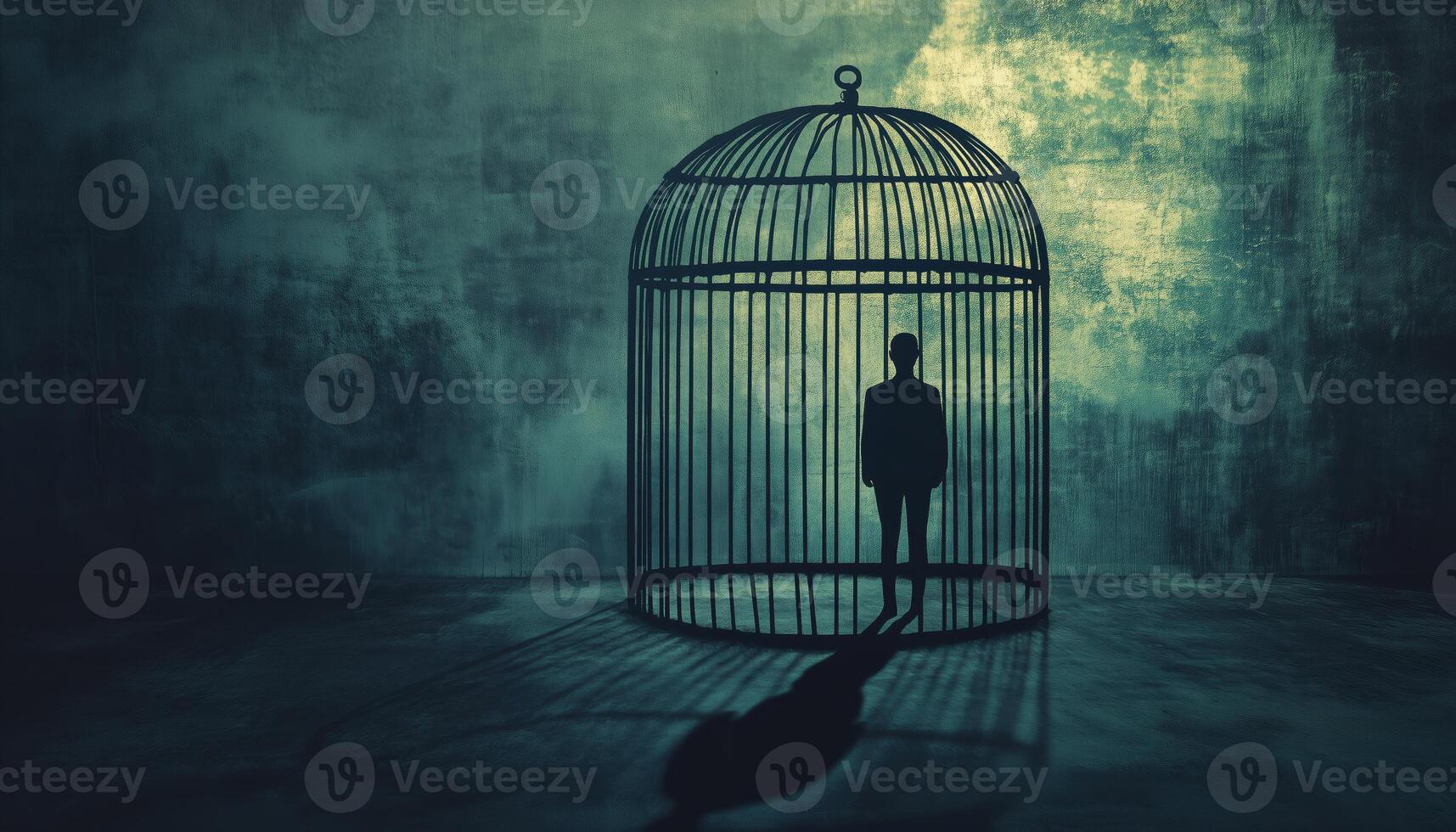 Feeling Trapped In A Prison. A Metaphor For Business Career Frustration Or Human Repression Metaphor Inside A Giant Bird Cage. photo