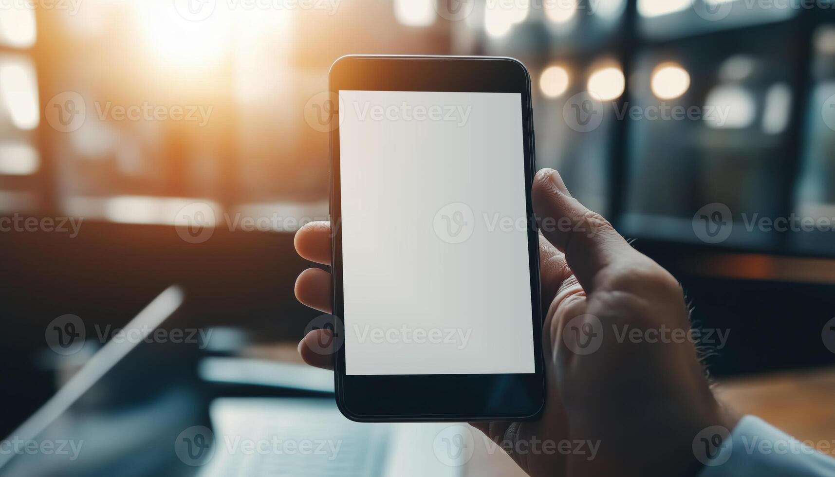 Over The Shoulder View Of Businessman Holding Smartphone And Working On Laptop With Digital Tablet In Modern Office For Website Or Application, Mockup Image. photo