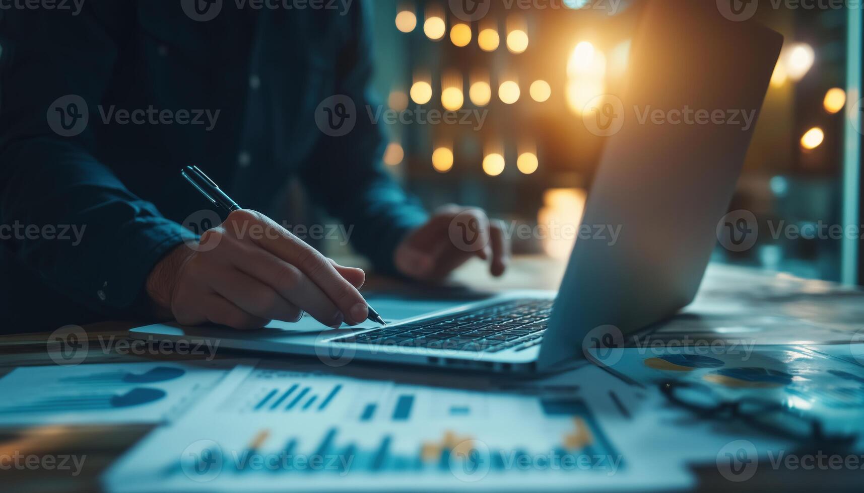 Managing Projects With Gantt Chart. Annual Schedule Update And Management Diagram On Laptop Screen Using Planning Software photo
