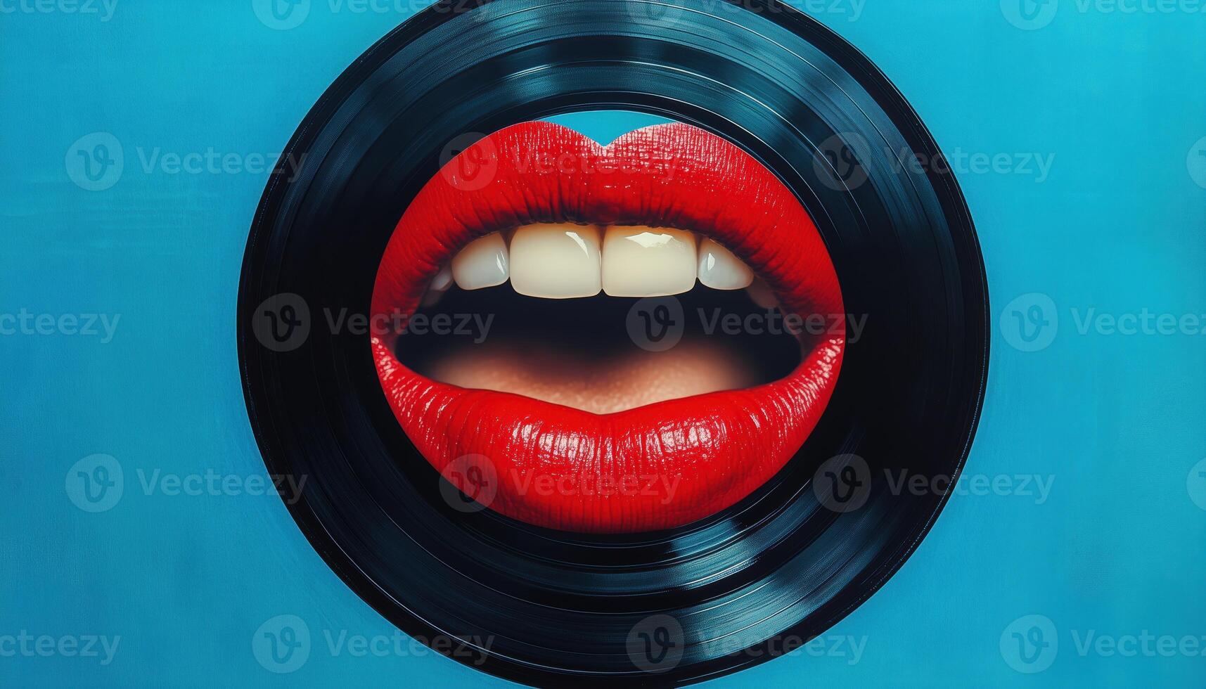Female Mouth Singing On Vinyl Record In A Contemporary Art Collage Of Creativity And Surrealism. photo