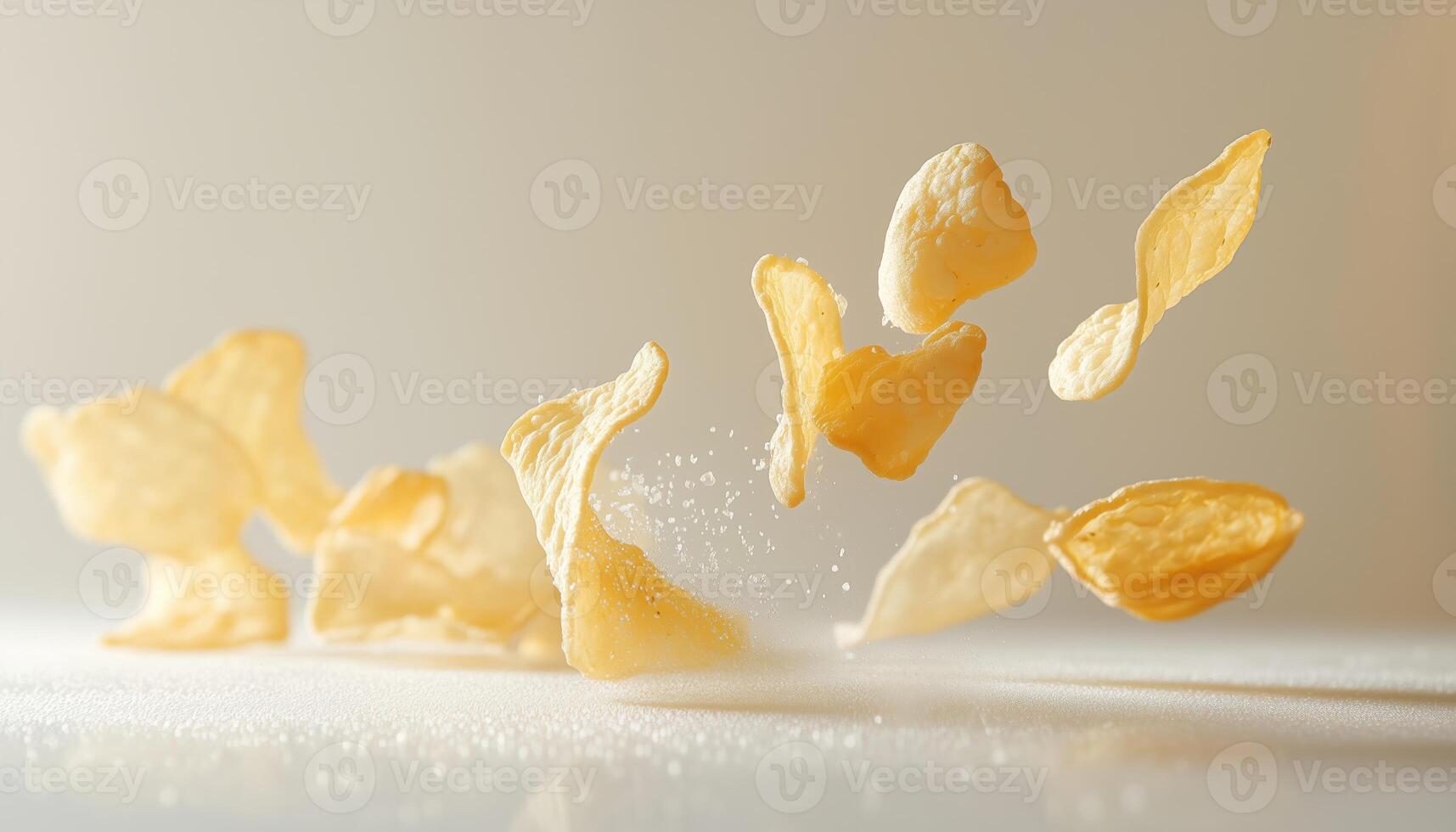 White Background With Clear Focus On Falling Kettle Potato Chips, Capturing The Full Depth Of Field In Stunning Detail photo