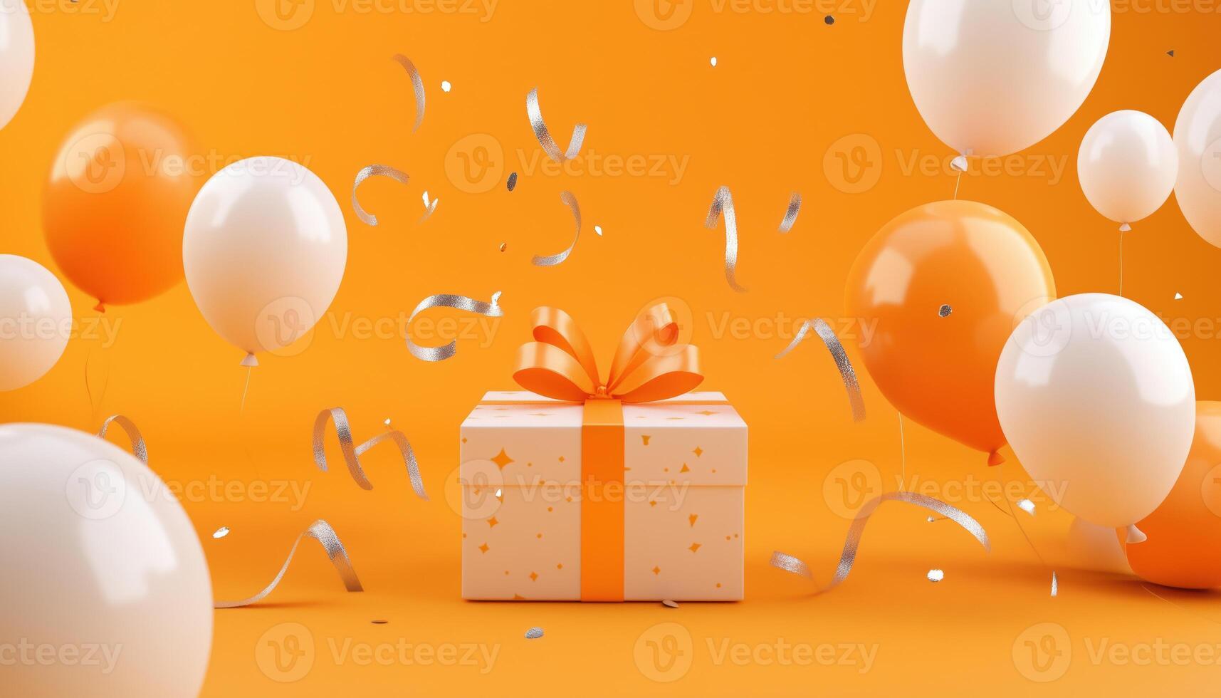A Surprise Box Exquisitely Adorned With Balloons And Ribbon On An Orange Background 3d Render photo