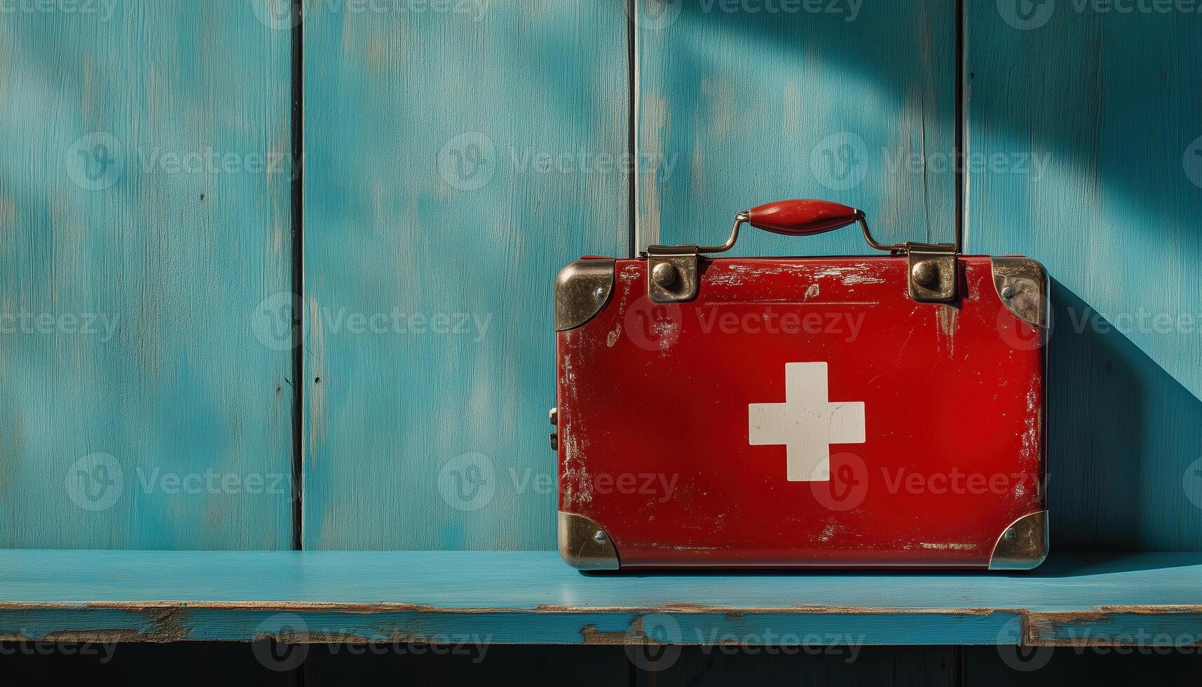Close Up Shot Of A First Aid Kit Placed On A Blue Wooden Table, Showing Every Detail In Detail And Clear Focus photo