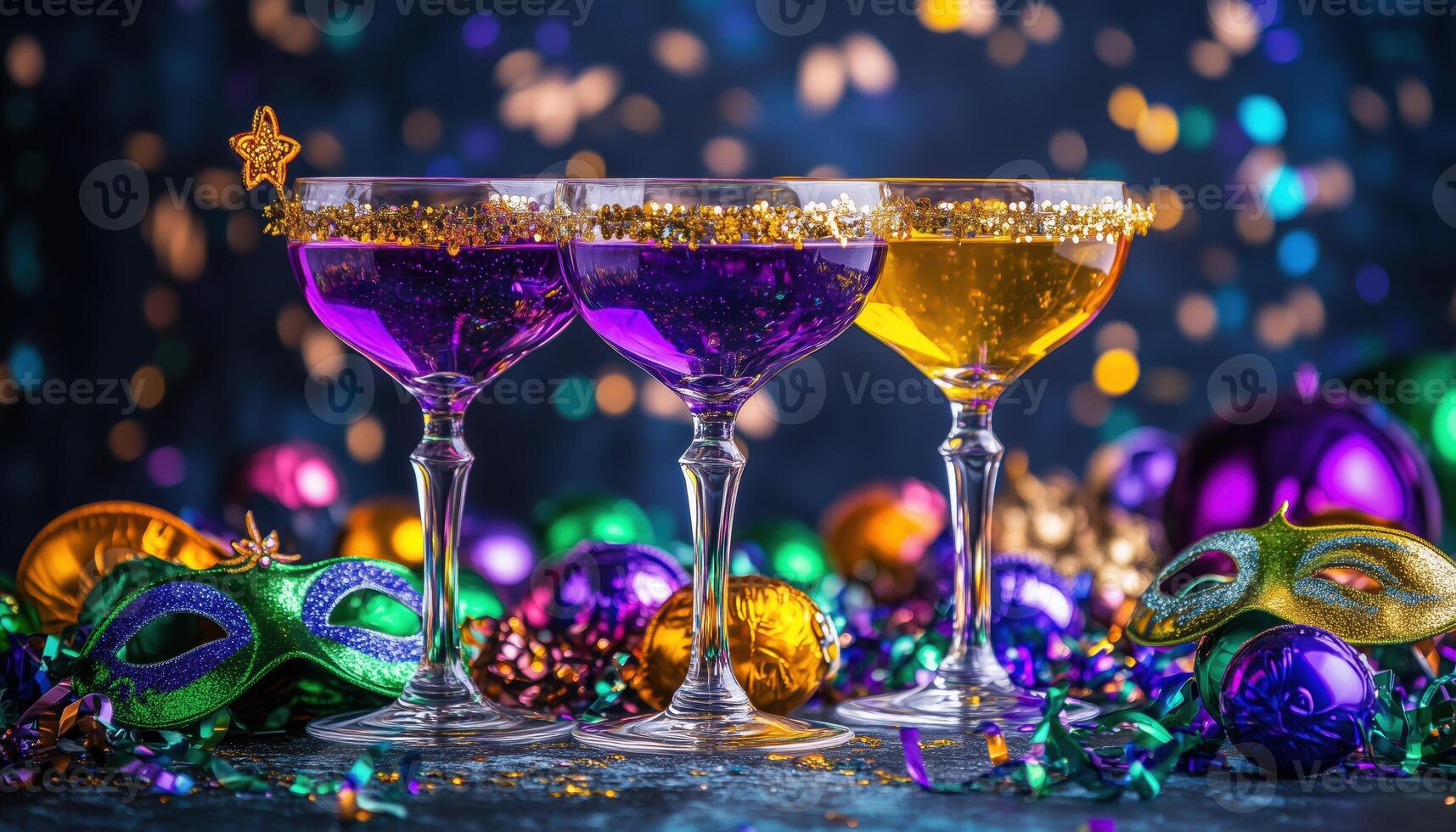 Mardi Gras Inspired Cocktail Glasses For A Festive Party Atmosphere With Carnival Decor And Masquerade Masks From New Orleans. photo