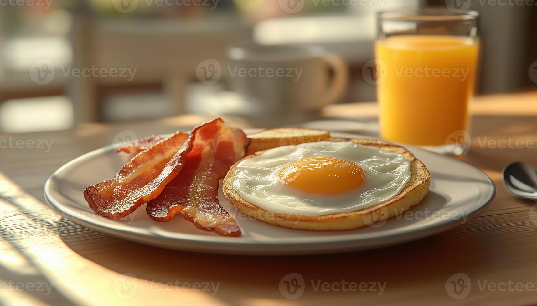 Selective Focus On Two Fried Eggs, Bacon, Toasts, And Orange Juice For A Delicious Breakfast. Enjoy A Hearty Meal photo