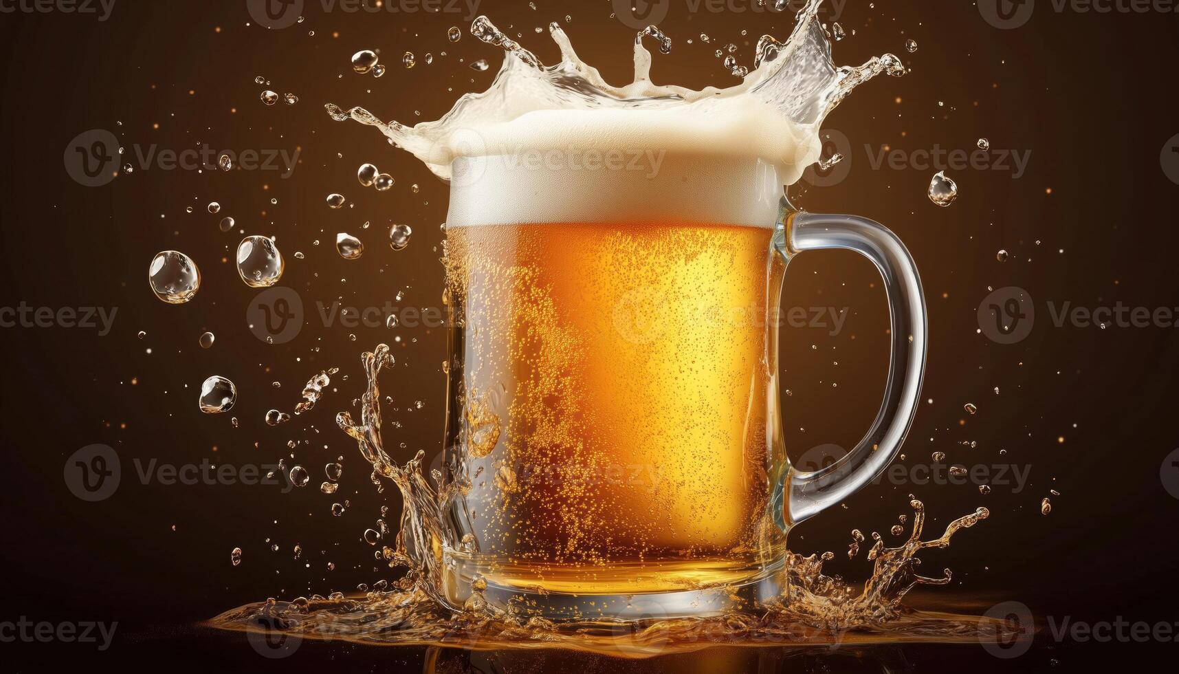 Refreshing Beer With Fizzy Bubbles And Droplets Splashing Around. A Perfect Quencher For Thirst And An Enjoyable Experience To Savor photo