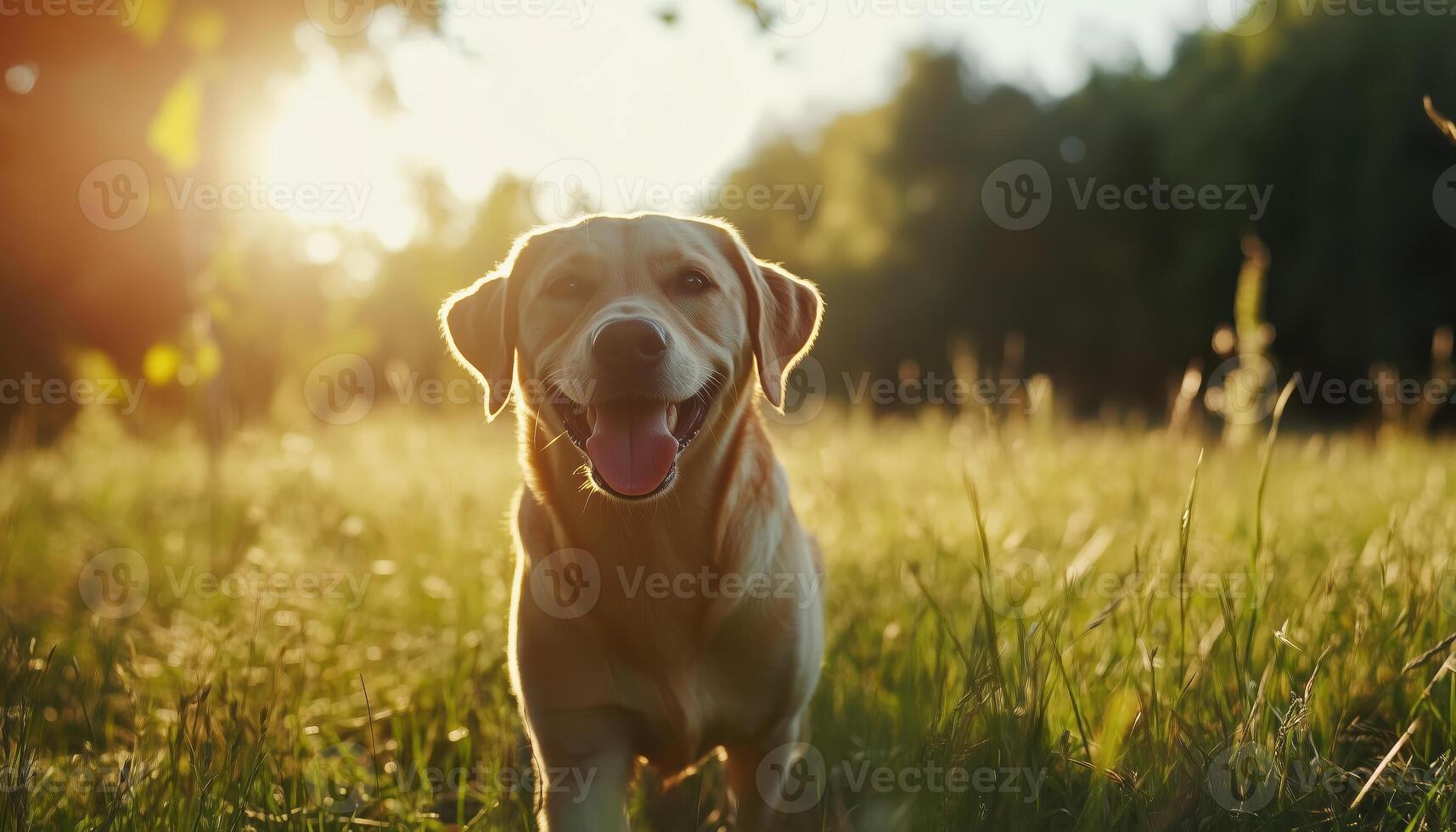 Happy And Active Purebred Labrador Retriever Enjoying A Sunny Summer Day In The Grass Park Outdoors With A Smile photo
