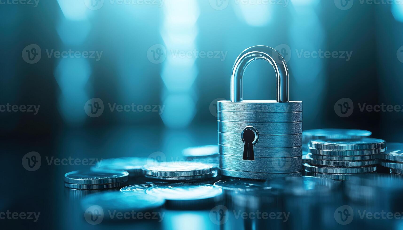 Security System Items For Financial Security. Money Lock With Padlock On Blue For Safe Transactions And Information Protection Rendering photo