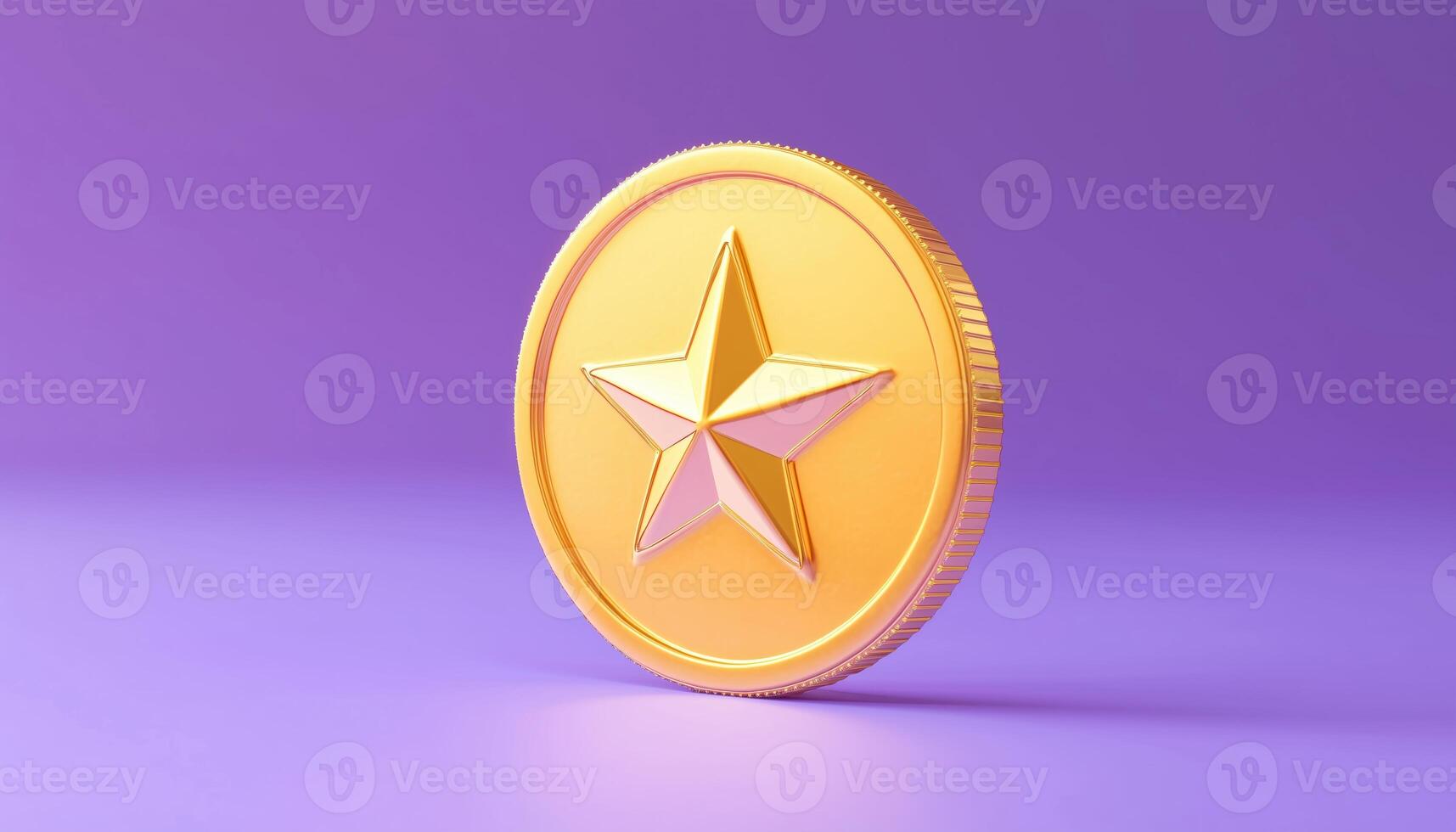 Golden Coin With Star Champion. 1st Place Winner. Adorable And Sleek Design. Top Award Game With Quality Assurance And Premium Guarantee Floating On Purple Pastel. Artwork. photo