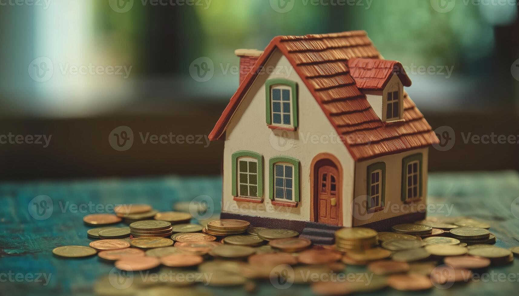 Saving For A House. Model And Money Coins For Investment In Mortgage Finance And Home Loan Refinance Plan With Property Insurance And Tax Benefits photo
