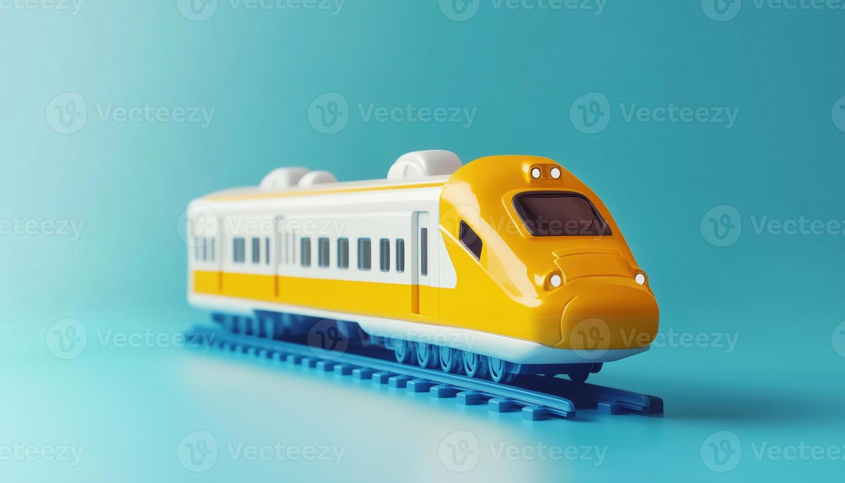 Yellow And White Bullet Train Toy For Summer Travel With Blue Sky Background Ideal For Planning Tourist Train Adventures. photo