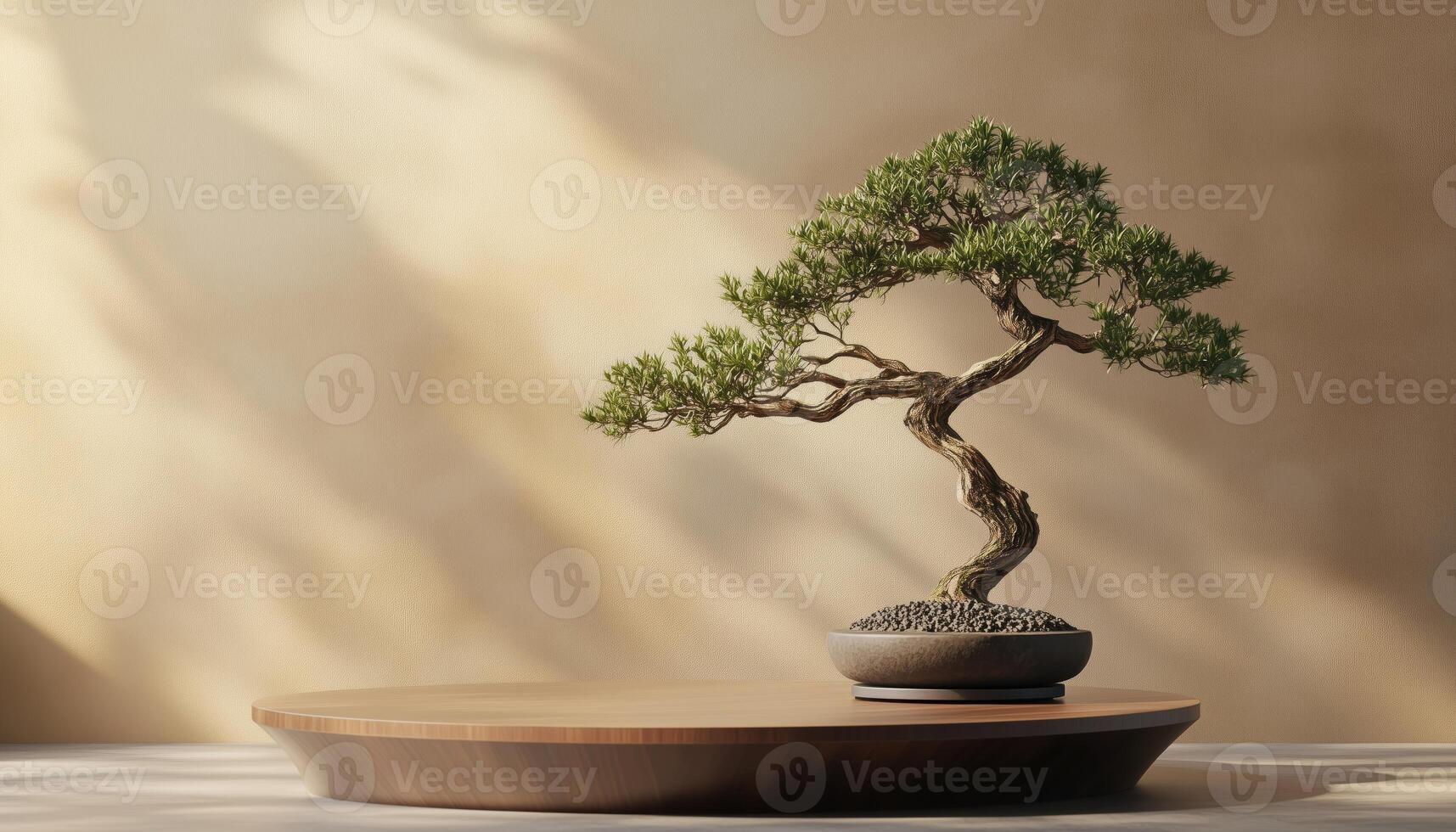 Japanese Podium And Bonsai Tree With Brown Abstract Product For Product Presentation Rendering photo