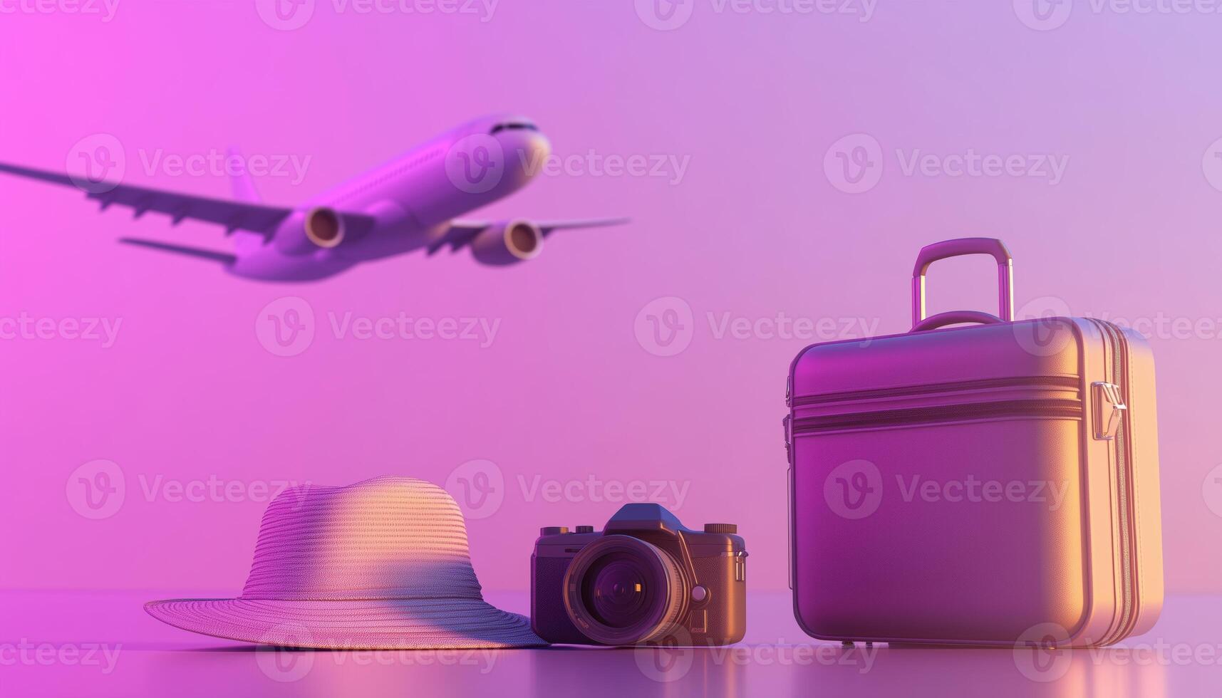 Mobile Travel Booking Service And Trip Planning For A World Tour With Purple Suitcase, Hat, And Camera For Leisure Holiday In Summer. photo