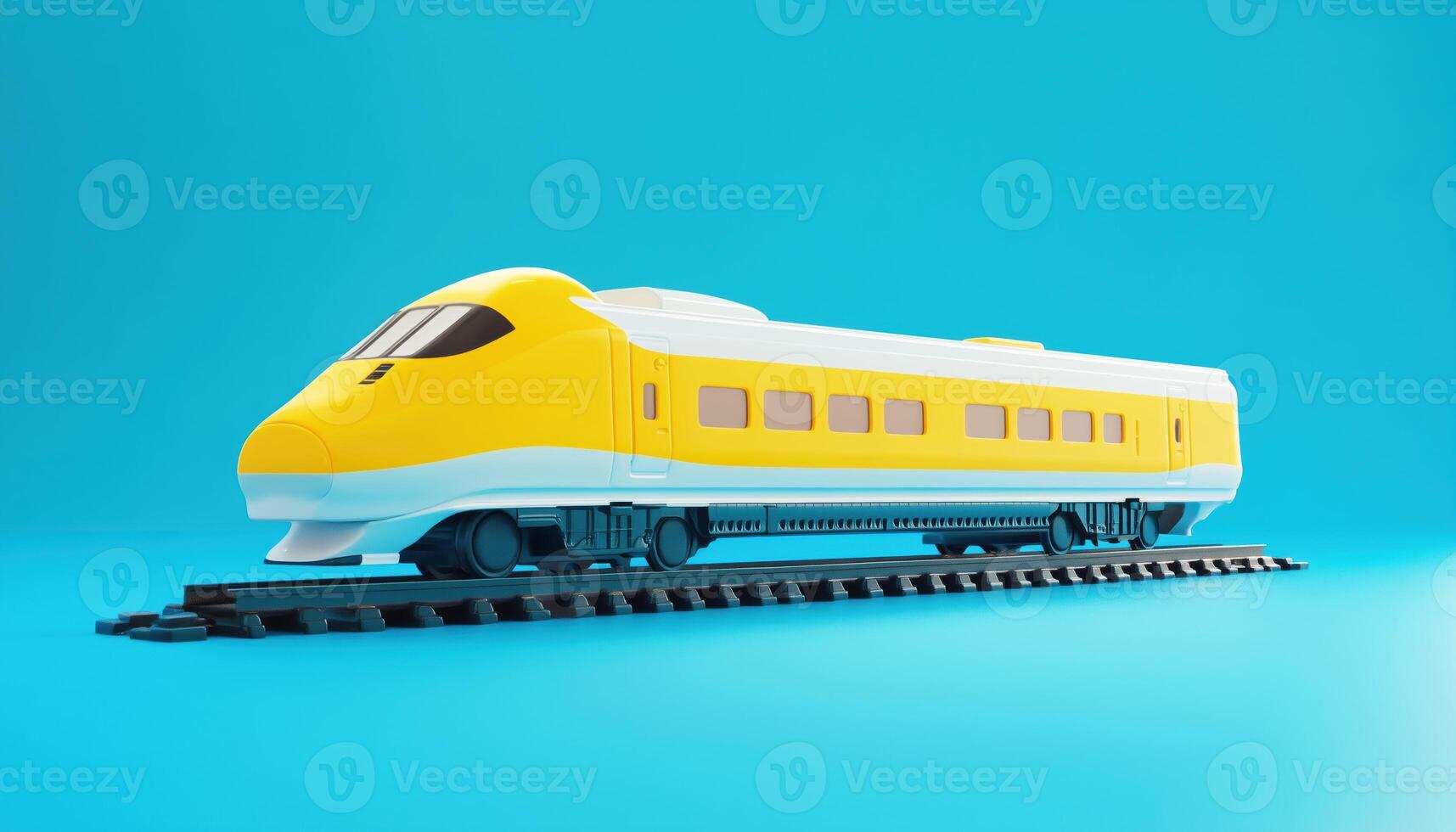 Yellow White Sky Bullet Train Toy For Summer Travel Service. Planning Tourist Transportation On Blue Background. 3d Illustration. photo