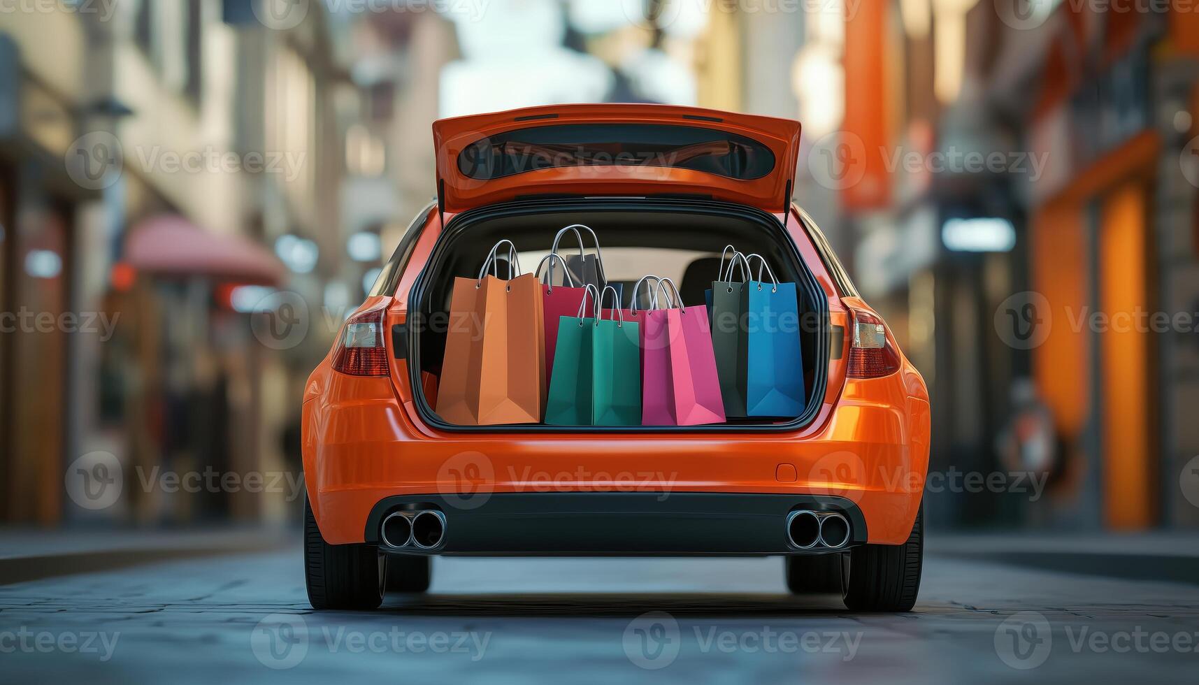 Trunk Packed With Shopping Bags On Orange Car A Visual Representation Of A Shopping Spree. A Colorful Scene photo