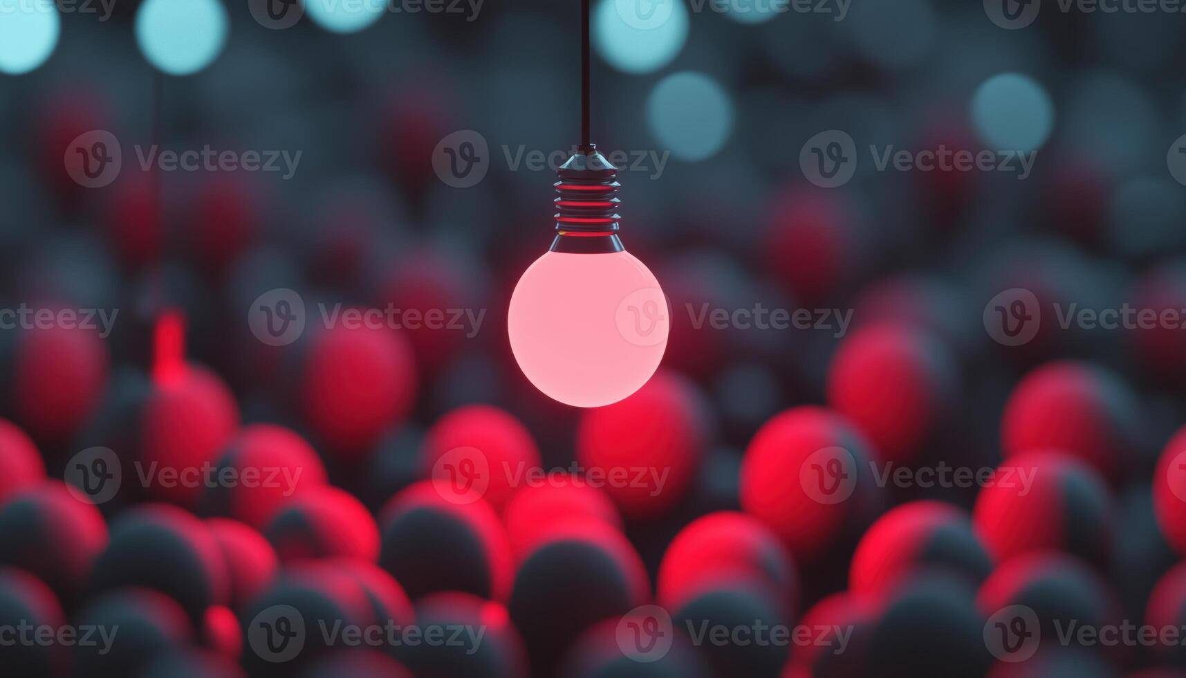 Innovative Thinking. Discovering Ideas, Solutions, And Leadership Through Creativity And Originality. Stand Out From The Crowd With A Hanging Light Bulb Render photo