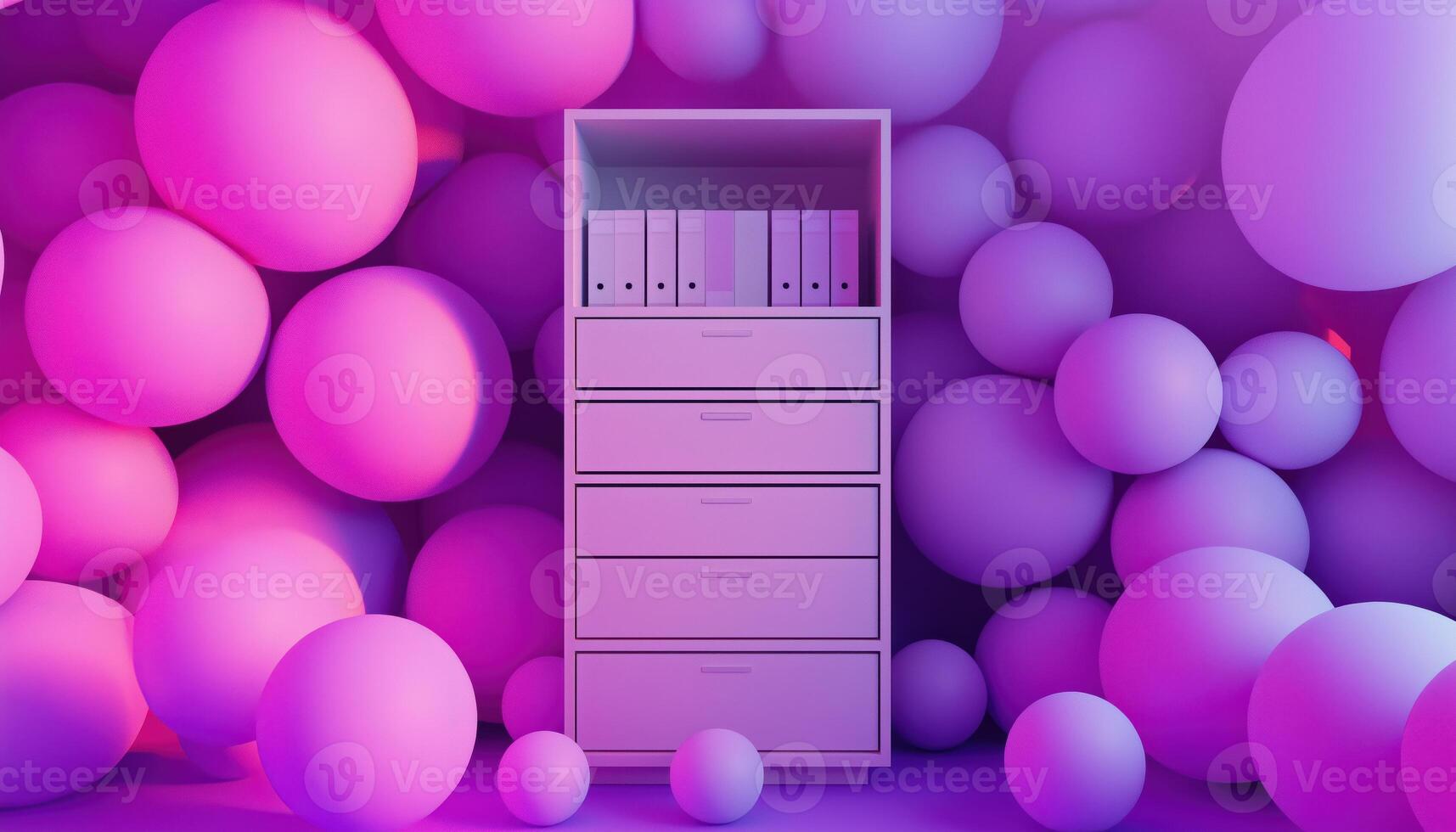 Purple Rendering Surrounds A Document Cabinet Filled With Colorful Balls. This Unique Design Creates A Playful And Vibrant Workspace Environment photo
