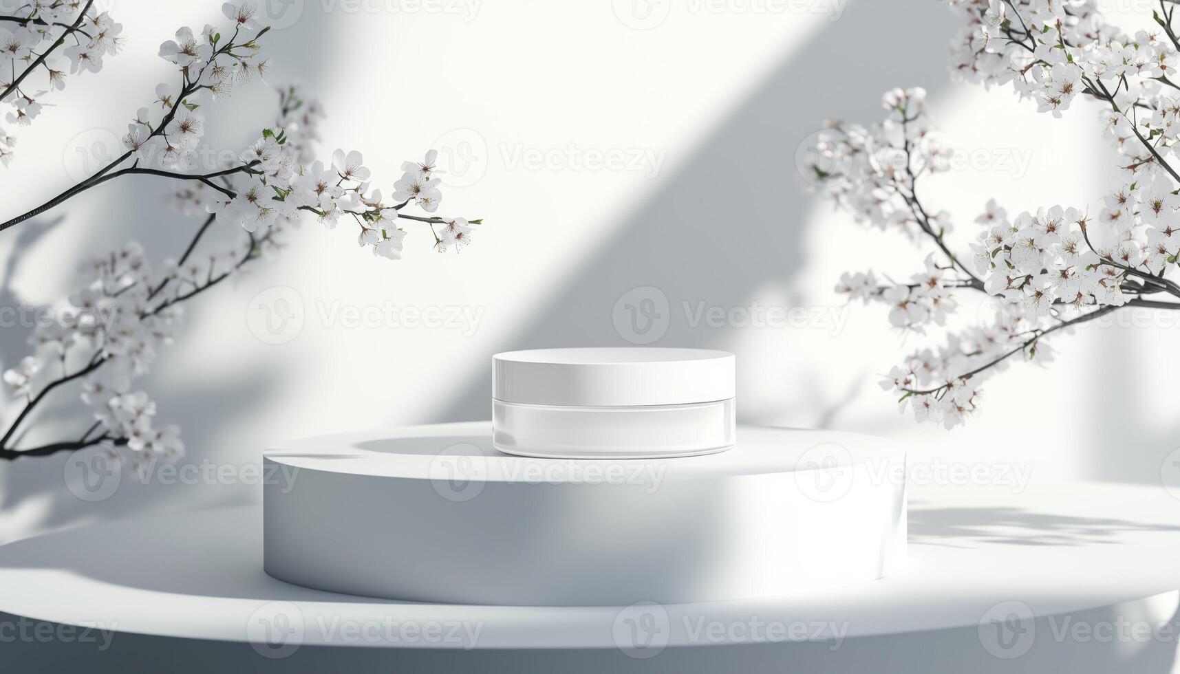 Brand Presentation With Cosmetic And Cherry Blossom On White Podium In Natural Light For Product Showcase And Visual Rendering photo