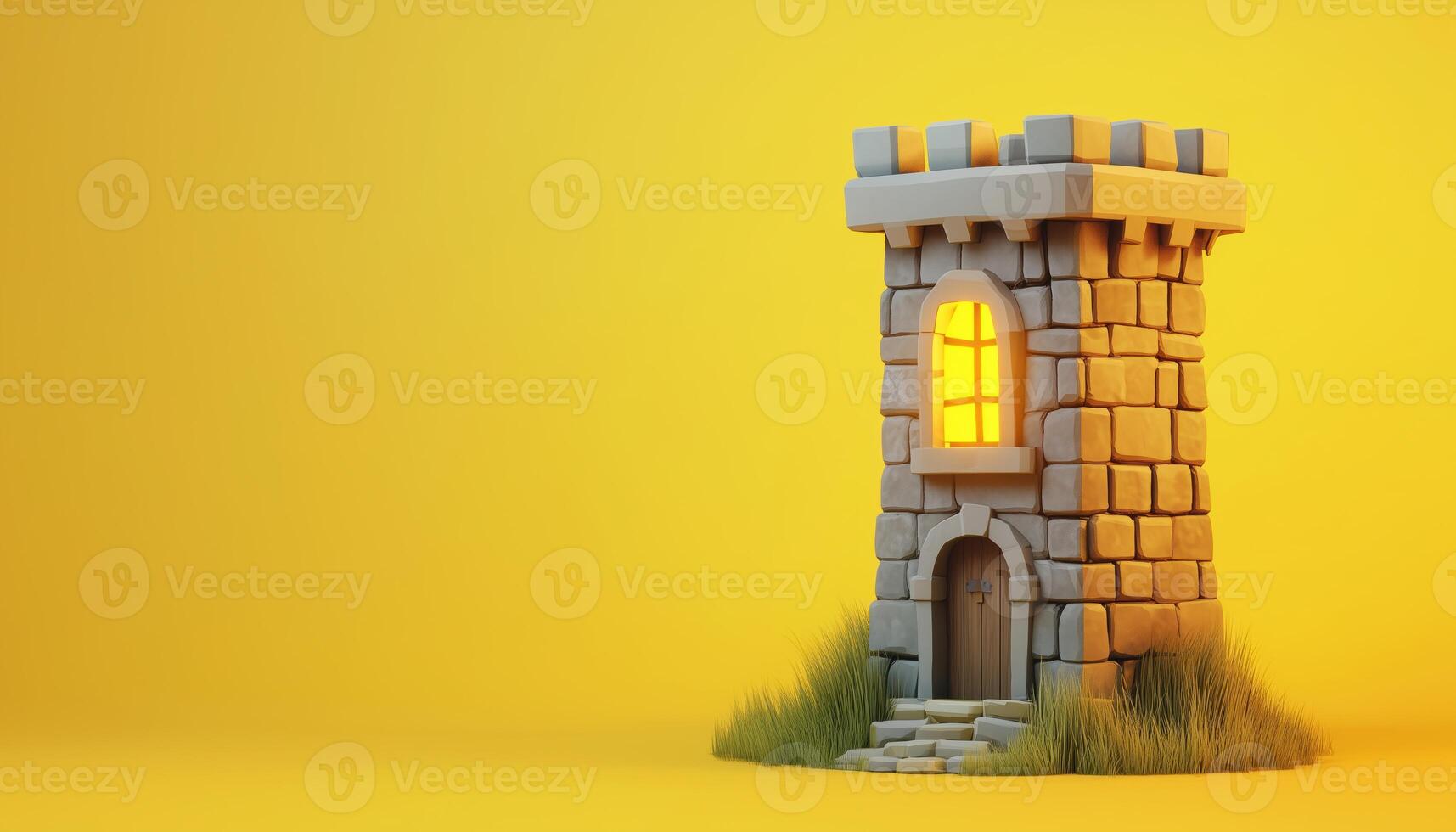 Stylized Medieval Tower With Cannon And Wooden Window Light In Low Poly Ancient Fortress. Yellow Rendering Of Single Little Castle photo