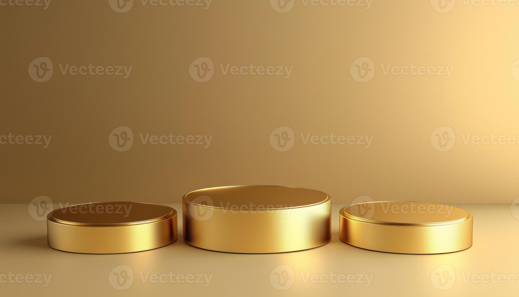Three Golden Pedestal Podiums Floating On Gold With Geometric Shapes Circle Display Platform In A Rendered Product Presentation Showcase Studio. photo