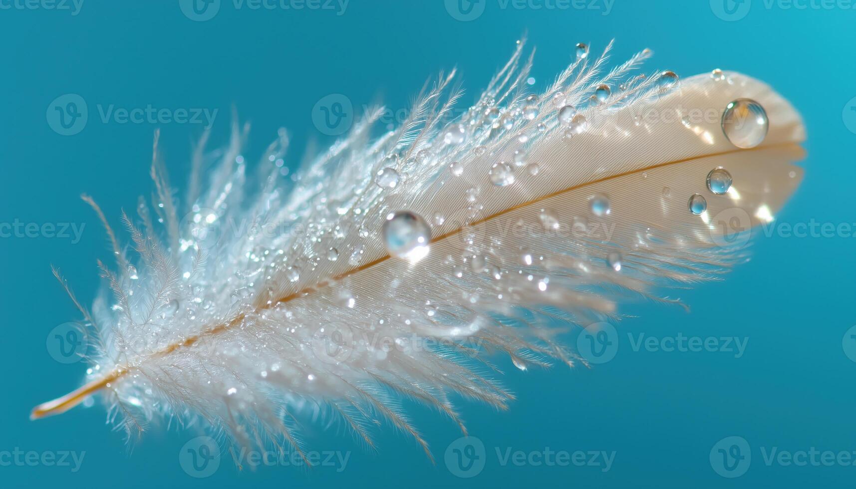 Close Up Macro Shot Of A Dew Drop On A Fluffy Feather In Blue. An Abstract, Romantic, Delicate, And Magical Artistic Image. photo