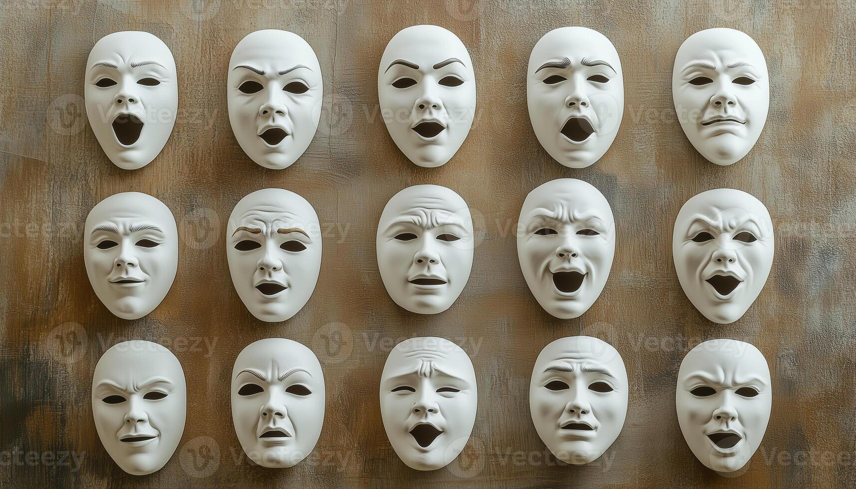Variety Of Theatrical White Masks Featuring A Range Of Facial Expressions A Diverse Collection For Dramatic Performances And Productions. photo