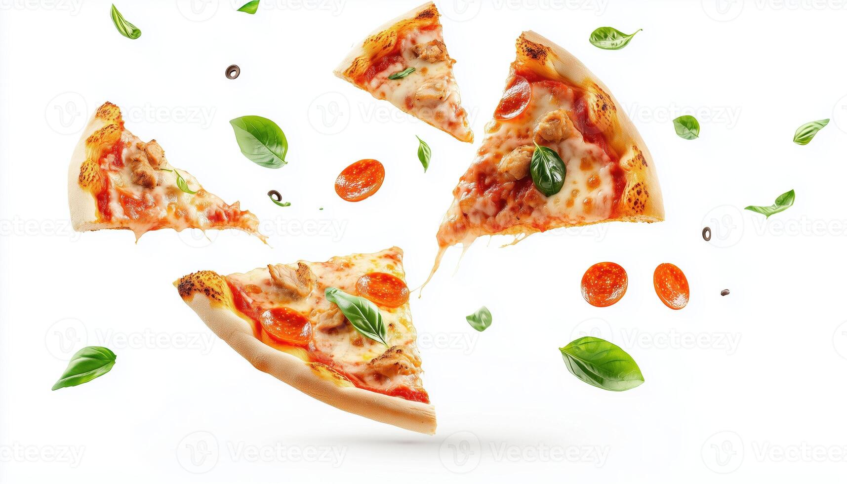 Pepperoni And Chicken Pizza Slices Gliding On White Background, Topped With Basil And Gooey Cheese An Italian Delight. photo
