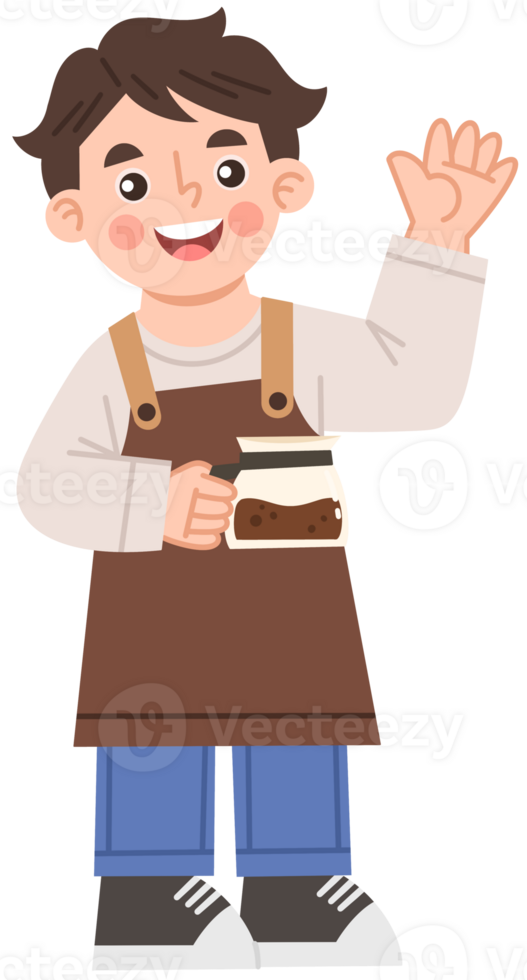 Illustration of a male barista holding a coffee pot png