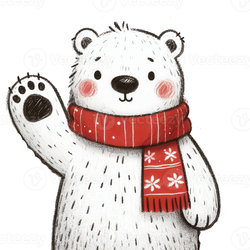 Waving polar bear wearing a festive scarf png