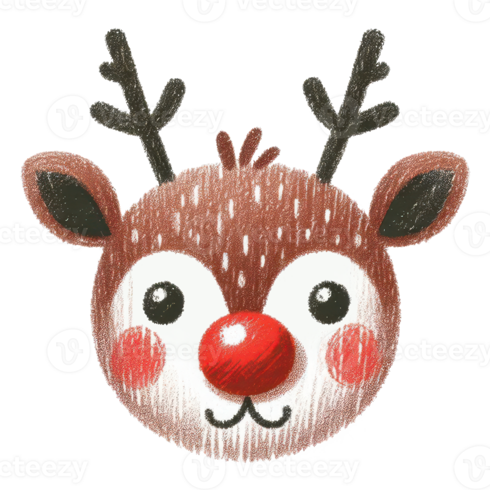 Hand-Drawn Reindeer Face with Red Nose and Crayon Texture png
