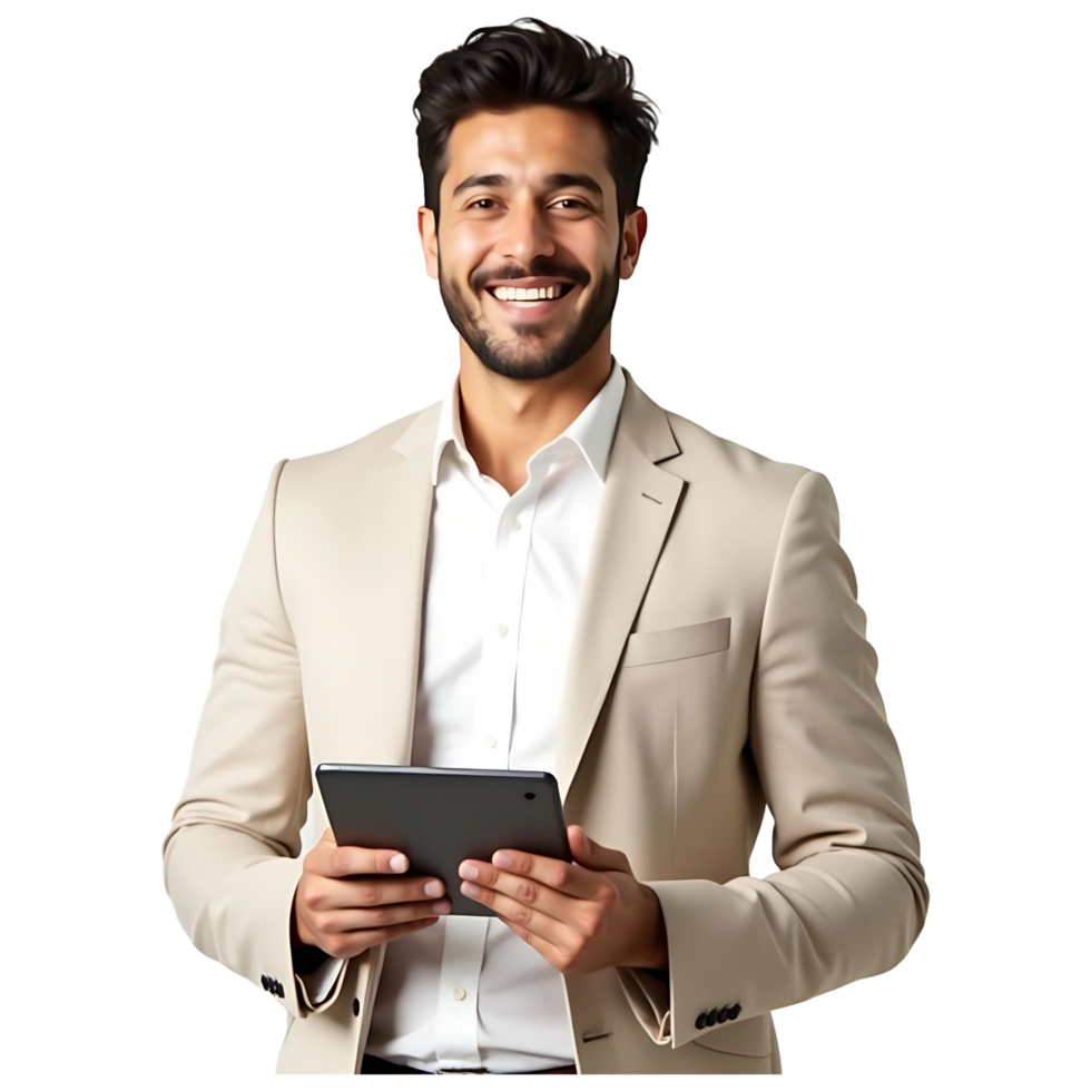 Happy Corporate Man with Tablet High-Quality Image for Websites Blogs Brochures png