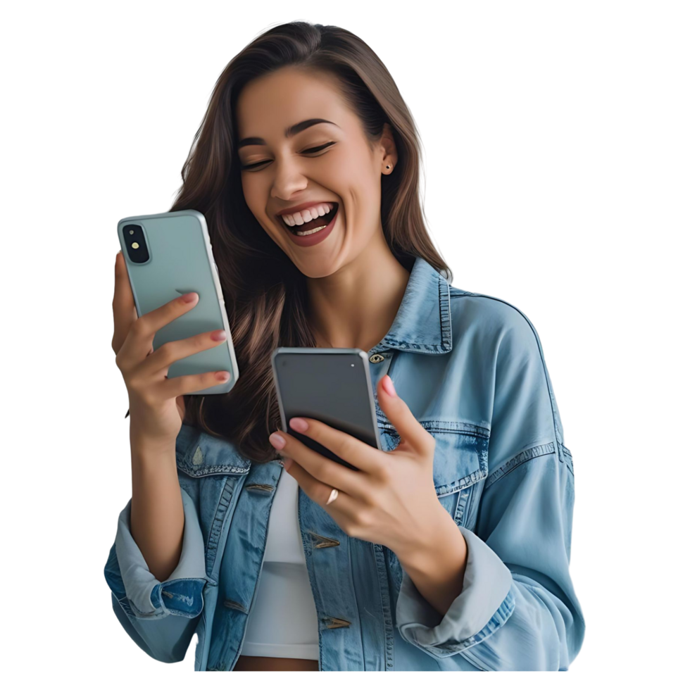 Excited Young Woman Using Smartphone Happy User Reaction Photo png