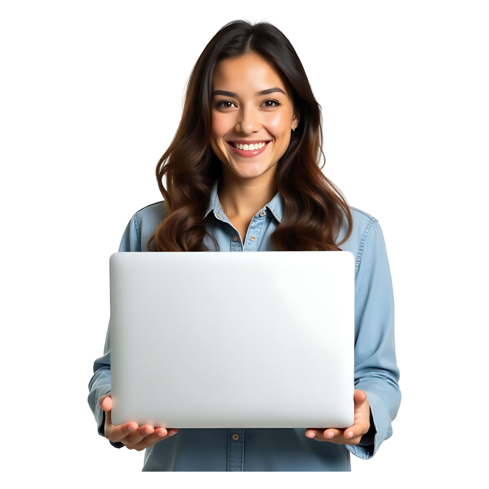Smiling Woman Holding Laptop with Blank Screen Perfect for Tech Ads or Mockups png