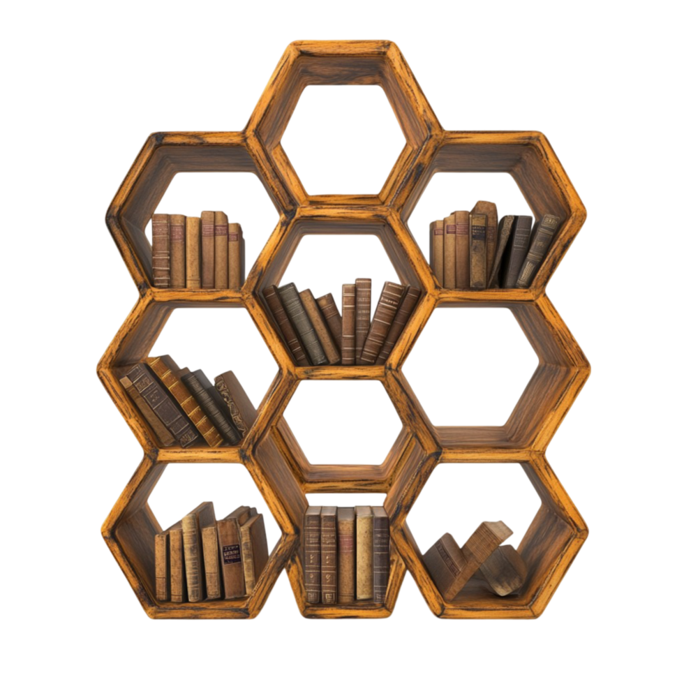 Modern Geometric Hexagon Bookshelf in Gold Finish with Empty Display Space on Transparent Background png
