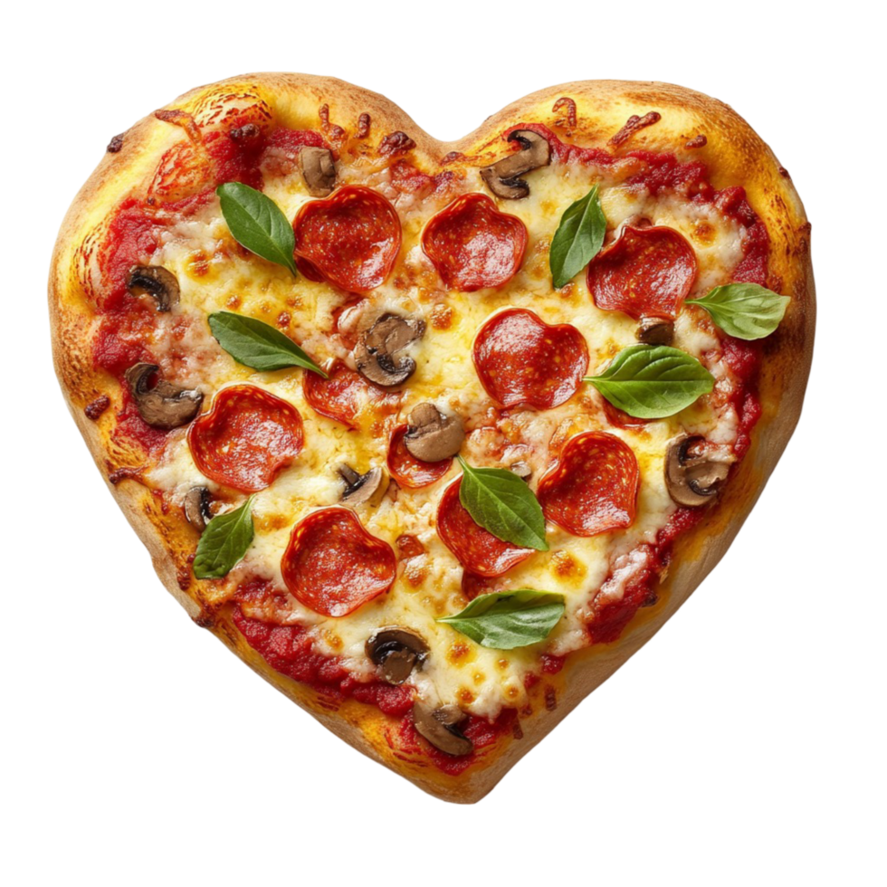 Romantic Heart-Shaped Pizza with Savory Pepperoni and Mushroom Toppings on Transparent Background png