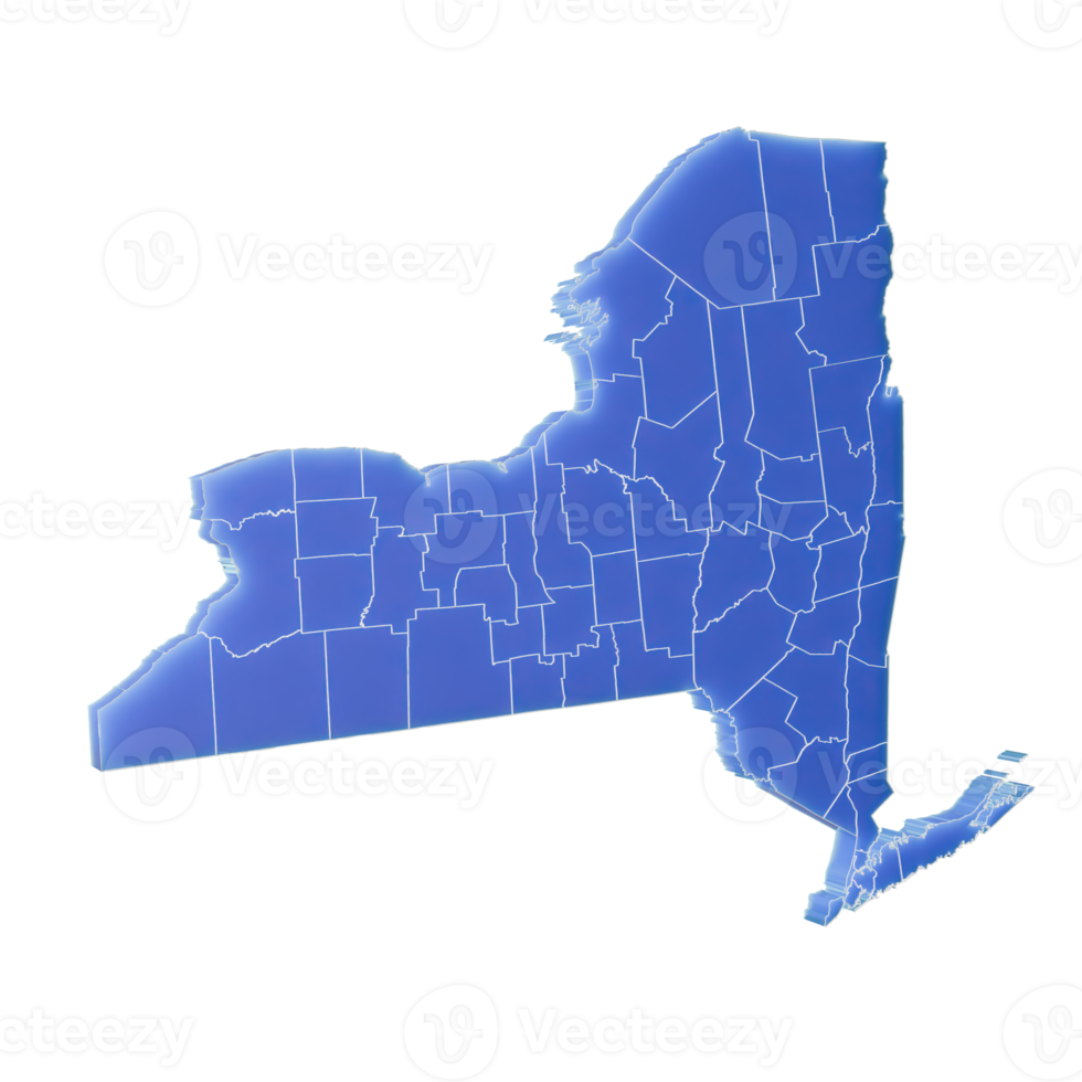 3d blue solid plastic maps of New York state of United States isolated on a transparent background. 3d elements for graphic design. png