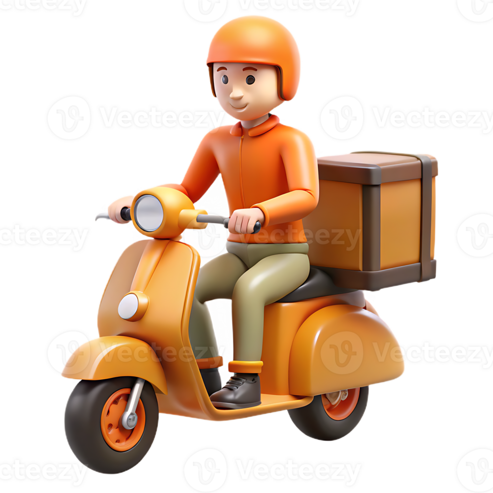 A 3D rendered image of a delivery person riding a scooter with a package png