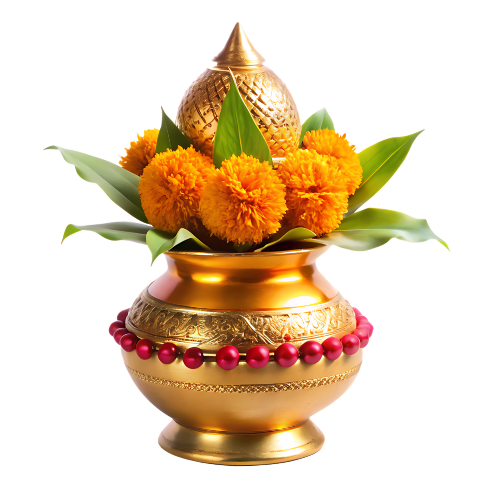 Copper kalash decorated with flowers and mango leaves, symbolizing prosperity and auspicious beginnings in indian rituals png