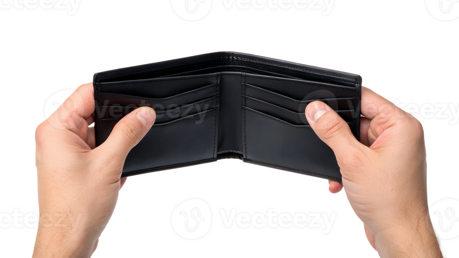 An Empty Black Leather Wallet Held Open in Two Hands Showing No Money or Cards Inside isolated png