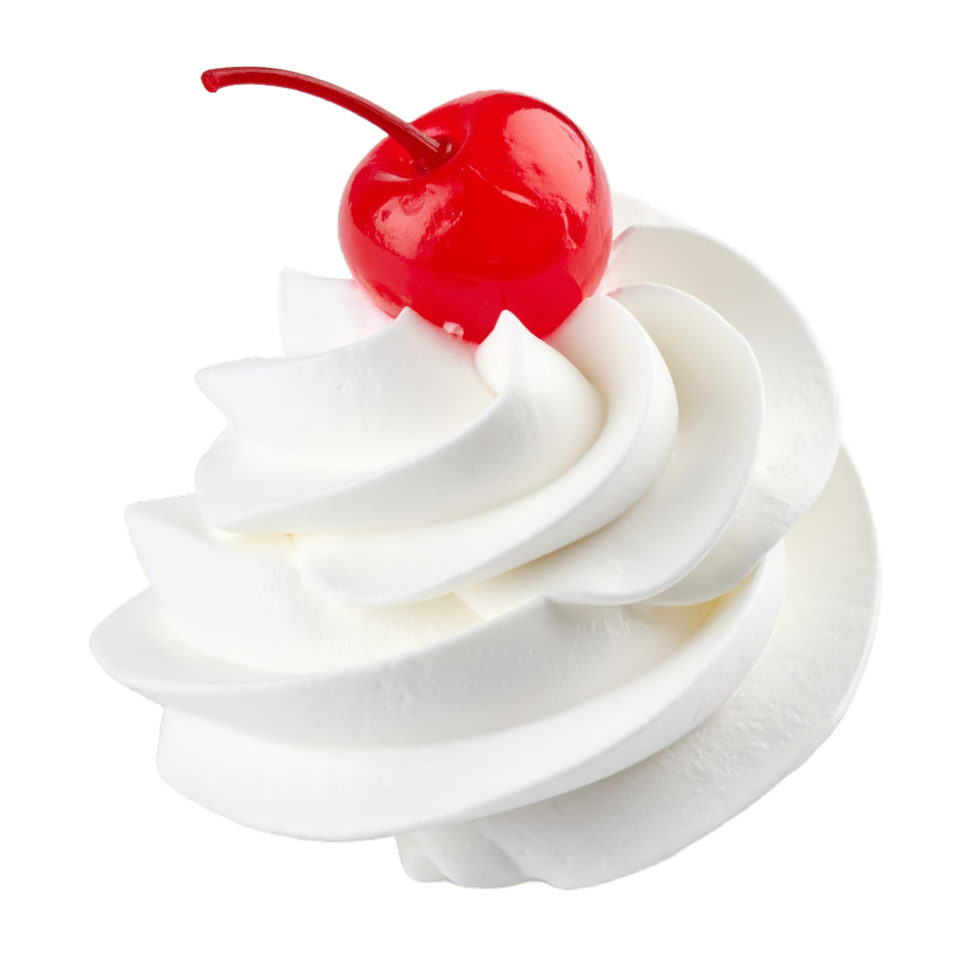 A swirl of white whipped cream topped with a cherry png