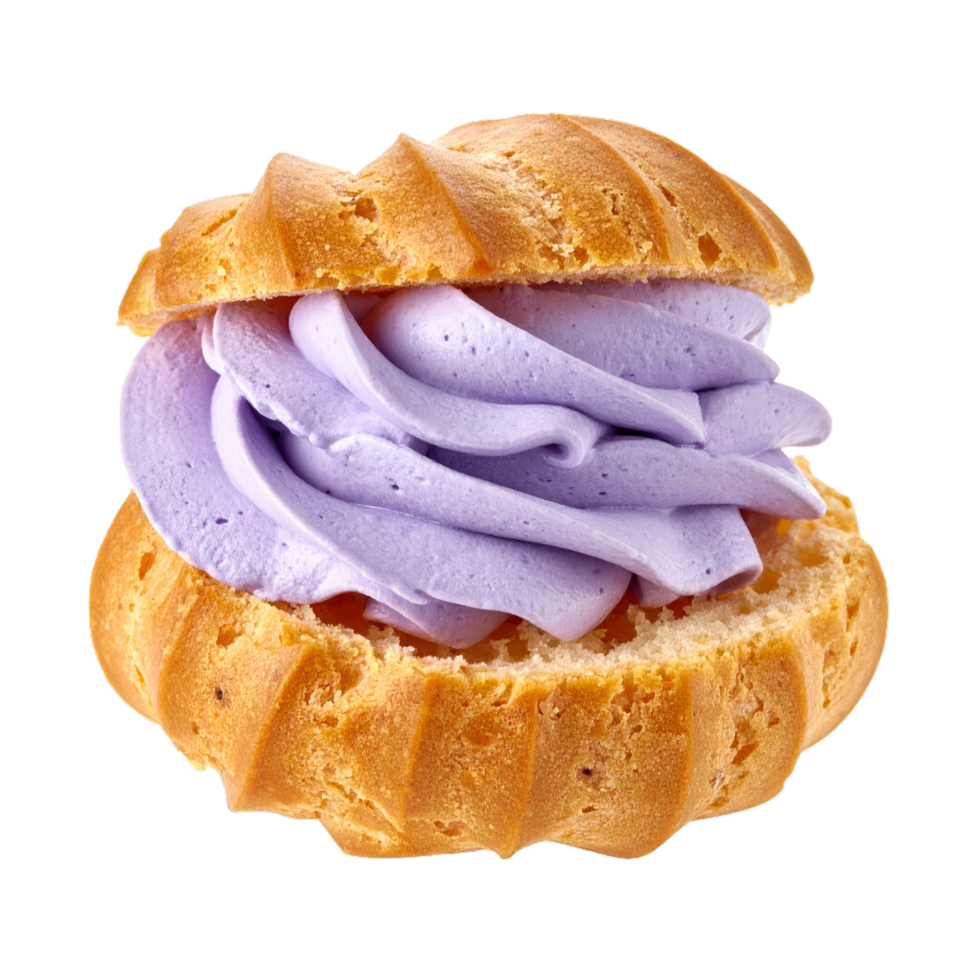 A cream puff filled with swirls of blueberry whipped cream png
