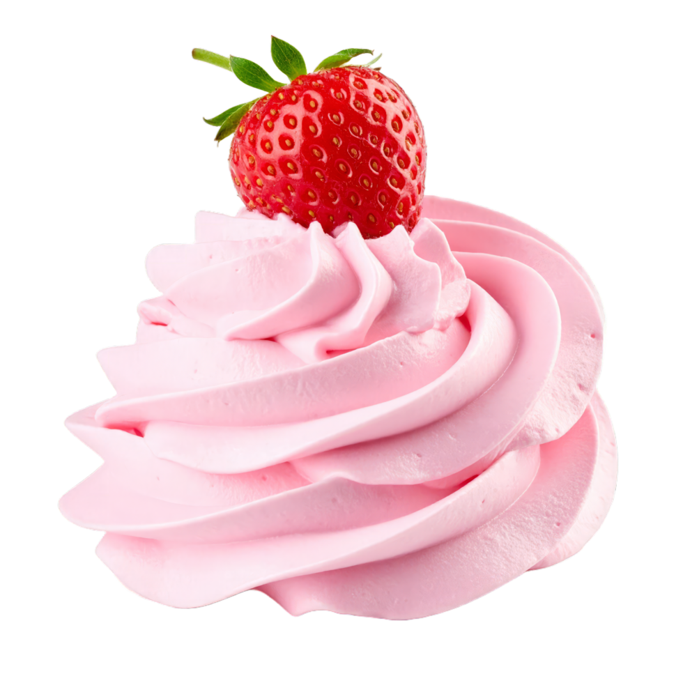 A swirl of pink whipped cream topped with a strawberry png