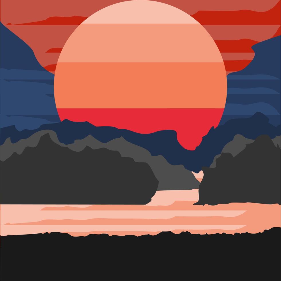 Sunset Over Mountains and Ocean in Abstract Flat Illustration vector