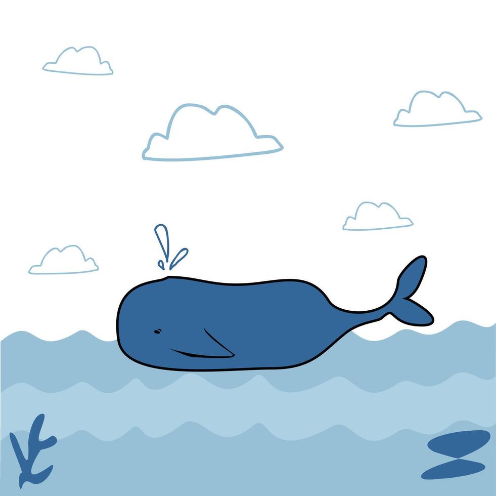 Cute Blue Whale Swimming in the Ocean with Clouds and Water Splash vector