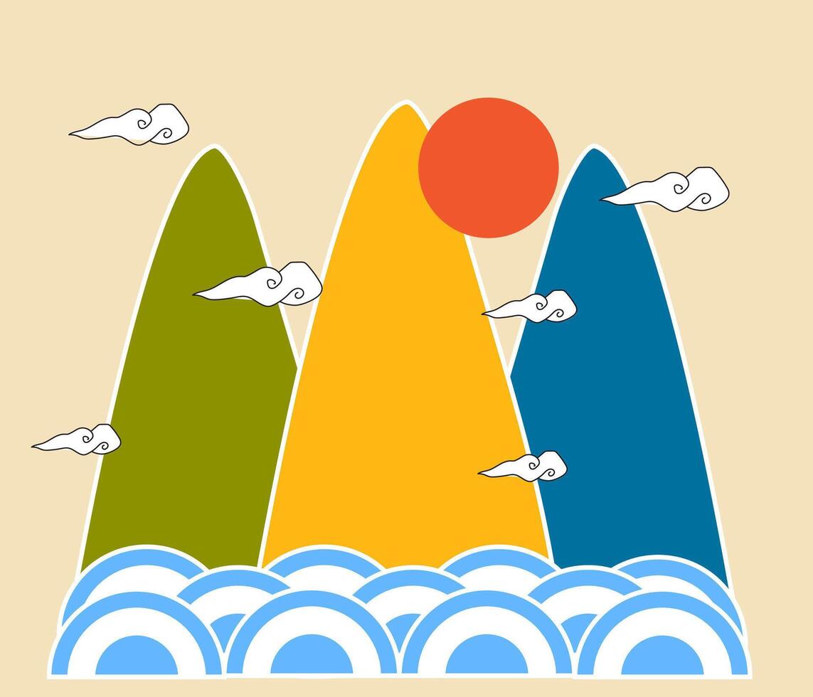 Asian Style Mountain and Sea Illustration Minimalist Oriental Landscape with Sun and Clouds Flat Nature Scene for Print Fabric and Digital Use vector